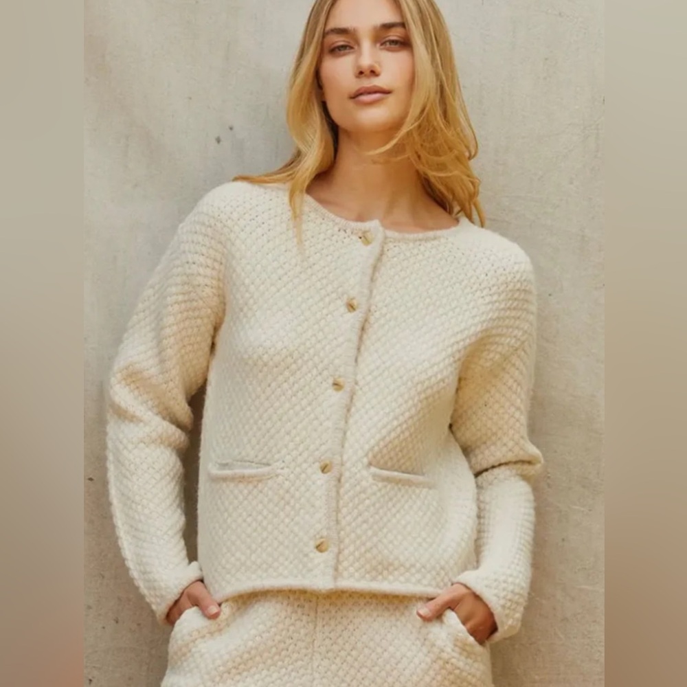 Crescent Cream Knit Cardigan Boucle Jacket in off-white button-front closure